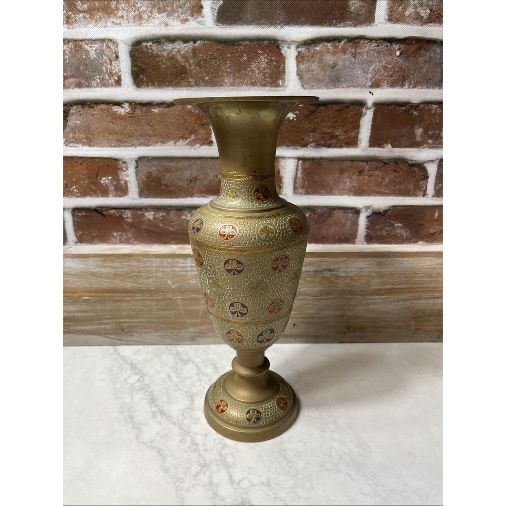 Vintage Brass Vase India – Intricate Etched Designs & Red Enamel Inlay